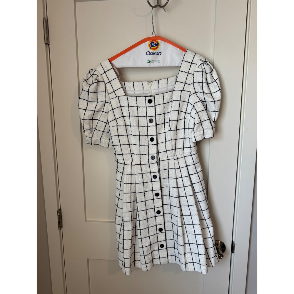 Gal Meets Glam Collection Windowpane Tweed Puff Sleeve Mini Dress White Black 6P